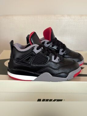 Nike Air Jordan 4 Retro Bred Reimagined PS BQ7669-006 Kids Size 10C Black Red